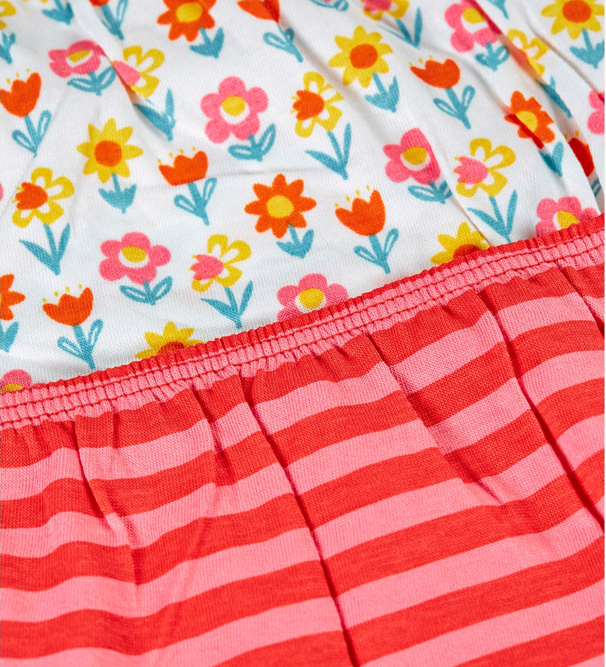 A close up of the all over flower print and red and pink striped brief underwear from the Frugi organic cotton briefs underwear multipack bloom flowers design. 