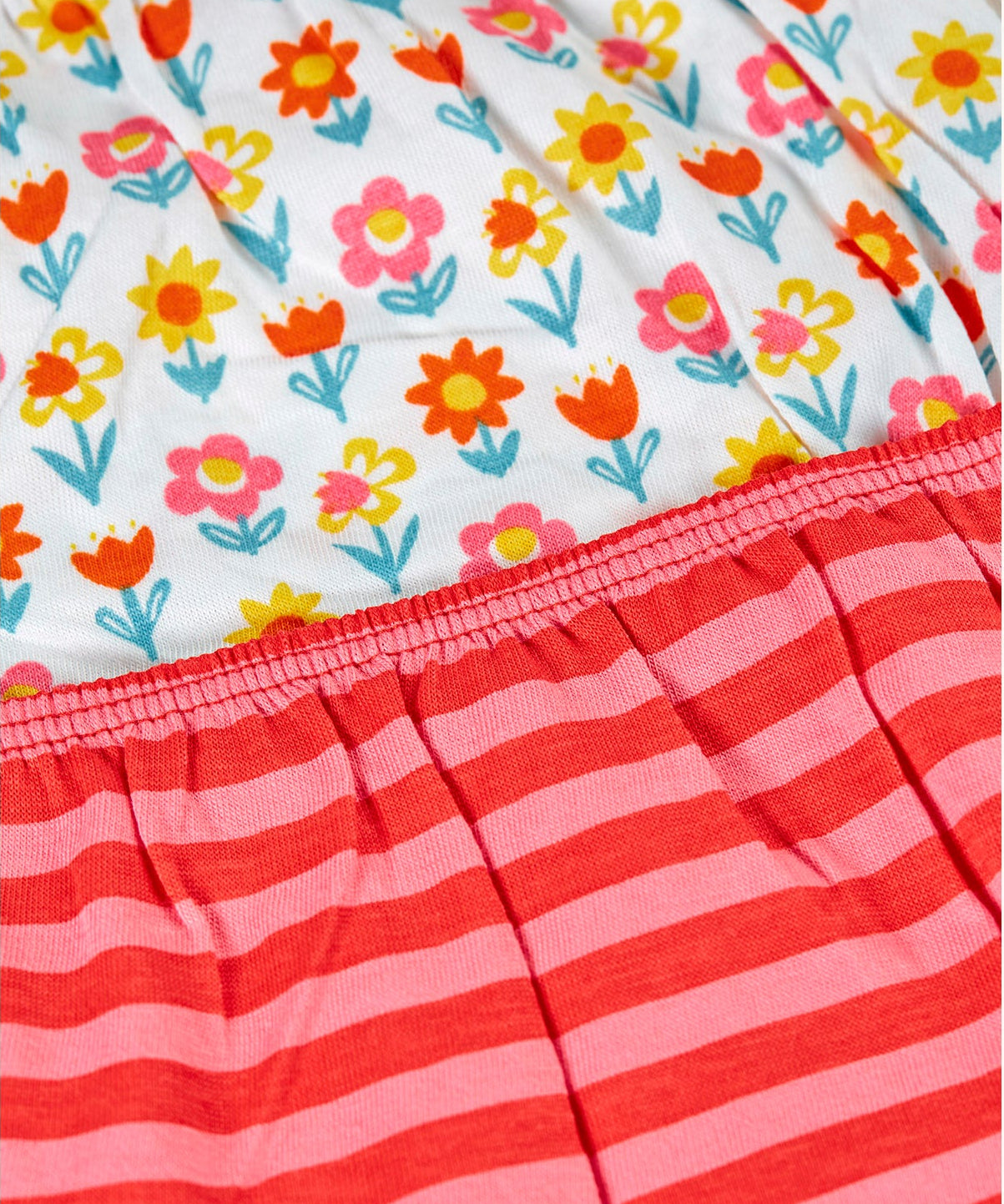 A close up of the all over flower print and red and pink striped brief underwear from the Frugi organic cotton briefs underwear multipack bloom flowers design. 