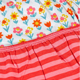 A close up of the all over flower print and red and pink striped brief underwear from the Frugi organic cotton briefs underwear multipack bloom flowers design. 