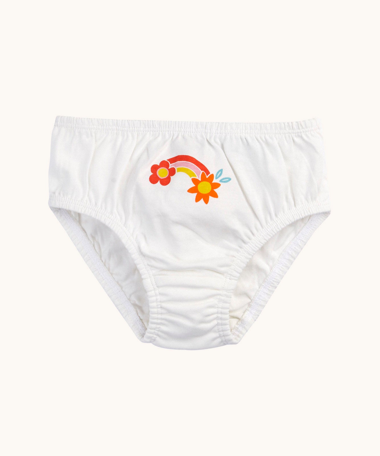 The white children's briefs with rainbow and flower graphic from the Frugi organic cotton briefs underwear multipack bloom flowers design.