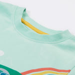 A close up of Frugi Iori Printed T-Shirt in Spring Mint's embroidered collar.