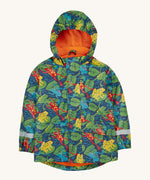 Frugi kids puddle buster coat in be hoppy. A navy waterproof hooded coat with multiple playful prints of frogs on Lilly pads and orange fleece on the inside. Features 2 side pockets, reflective straps on the wrist cuffs and a hook on the inside to hang up