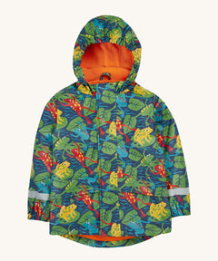 Frugi kids puddle buster coat in be hoppy. A navy waterproof hooded coat with multiple playful prints of frogs on Lilly pads and orange fleece on the inside. Features 2 side pockets, reflective straps on the wrist cuffs and a hook on the inside to hang up