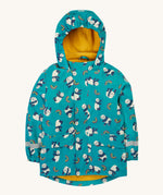 Frugi kids puddle buster coat in panda play. A light blue waterproof hooded coat with multiple playful prints of pandas with rainbows and a yellow fleece on the inside. Features 2 side pockets, reflective strips on the wrist cuffs and a hook on the inside to hang up.