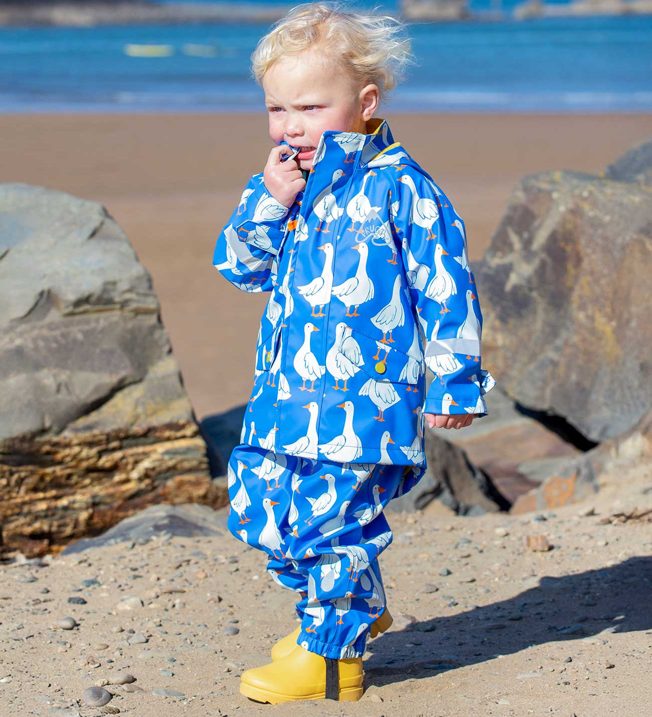 A toddler walking along a sandy beach with rocks and sea in the background wearing a Frugi goose cobalt blue coloured rain jacket with matching puddle buster waterproof trousers and yellow wellington boots.