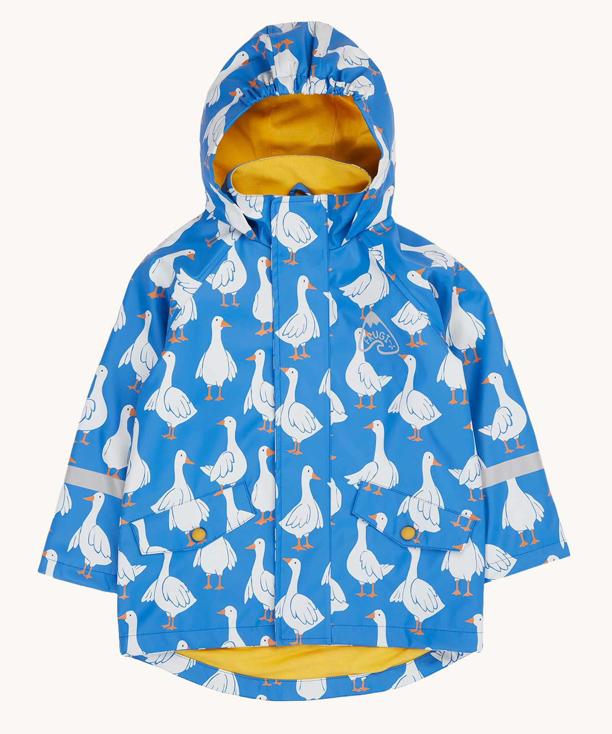 Frugi cobalt blue coloured rain jacket with all over white goose print. Yellow jersey cotton lining and an elasticated hood. 