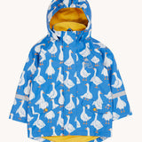 Frugi cobalt blue coloured rain jacket with all over white goose print. Yellow jersey cotton lining and an elasticated hood. 