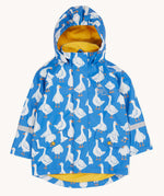 Frugi cobalt blue coloured rain jacket with all over white goose print. Yellow jersey cotton lining and an elasticated hood. 