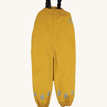 The Frugi children's waterproof Puddle buster trousers with elasticated arm straps, in bright Bumble Bee Yellow.