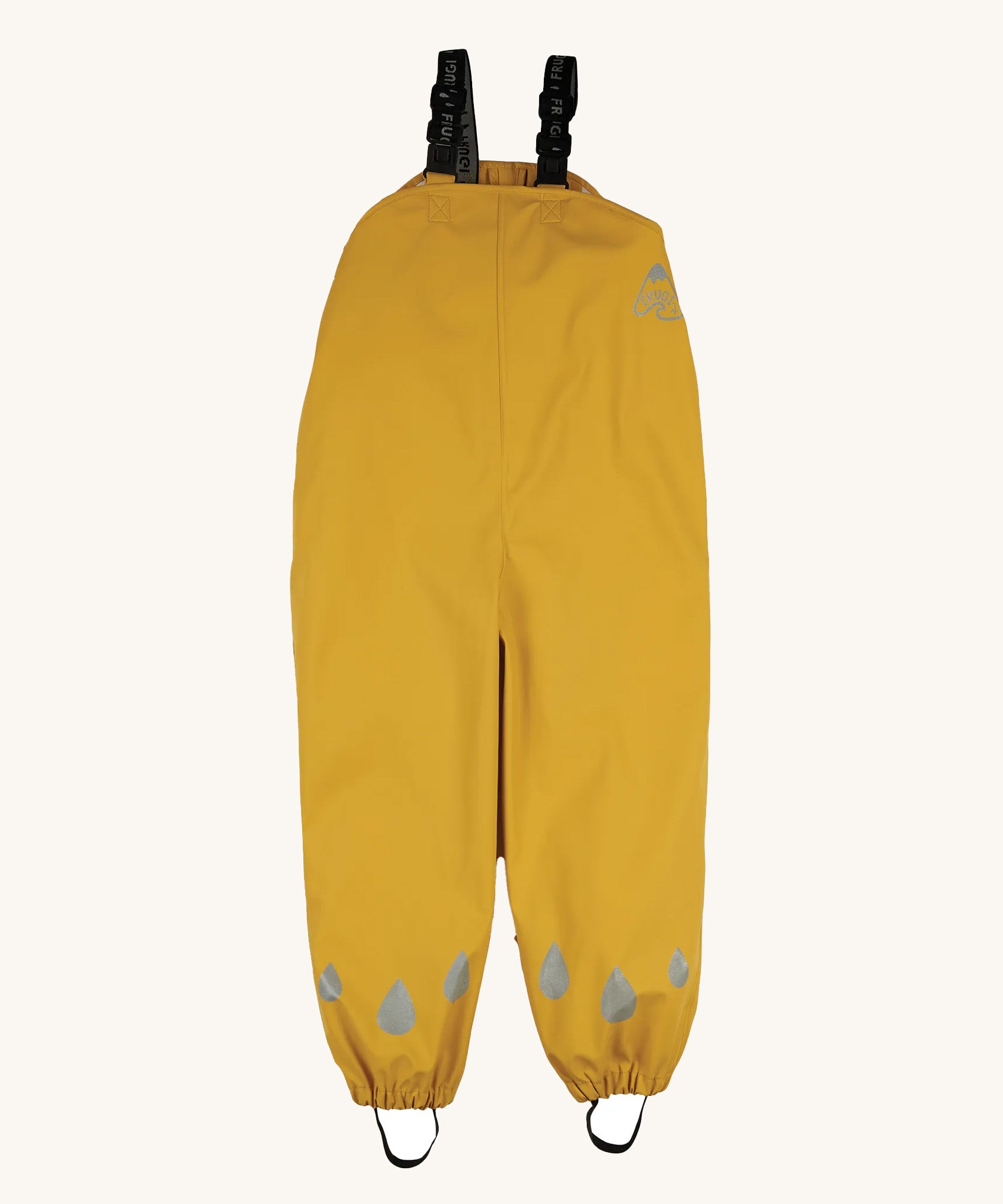 The Frugi children's waterproof Puddle buster trousers with elasticated arm straps, in bright Bumble Bee Yellow.