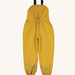 The back of the Frugi children's waterproof Puddle Buster bib trousers in bright Bumble Bee Yellow