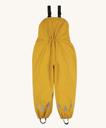 The back of the Frugi children's waterproof Puddle Buster bib trousers in bright Bumble Bee Yellow