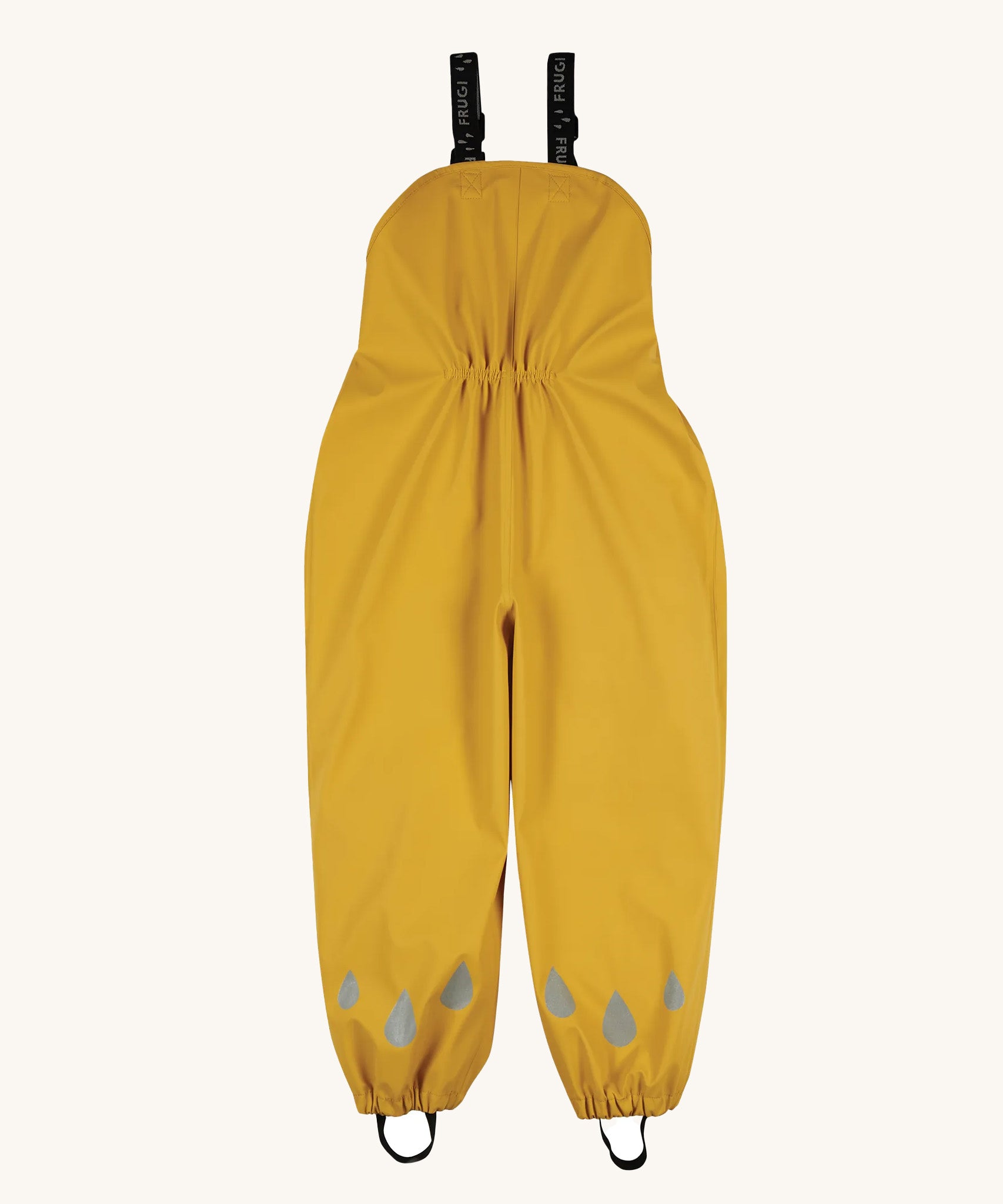 The back of the Frugi children's waterproof Puddle Buster bib trousers in bright Bumble Bee Yellow