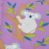 Close up of the print on the Frugi libby purple organic cotton leggings with an all over koala cuddles print.