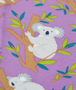 Close up of the print on the Frugi libby purple organic cotton leggings with an all over koala cuddles print.