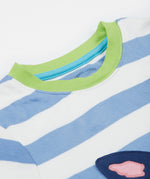 A close up of the Frugi kids Porth collie dog pyjama set showing the green neck trim on a blue and white striped organic cotton fabric