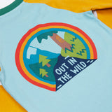 A close up of the graphic on the back of the Frugi Children's Leo raglan long sleeved top. The body of the top is light blue with yellow gold coloured sleeves and a contrasting dark green neck collar. 