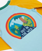A close up of the graphic on the back of the Frugi Children's Leo raglan long sleeved top. The body of the top is light blue with yellow gold coloured sleeves and a contrasting dark green neck collar. 