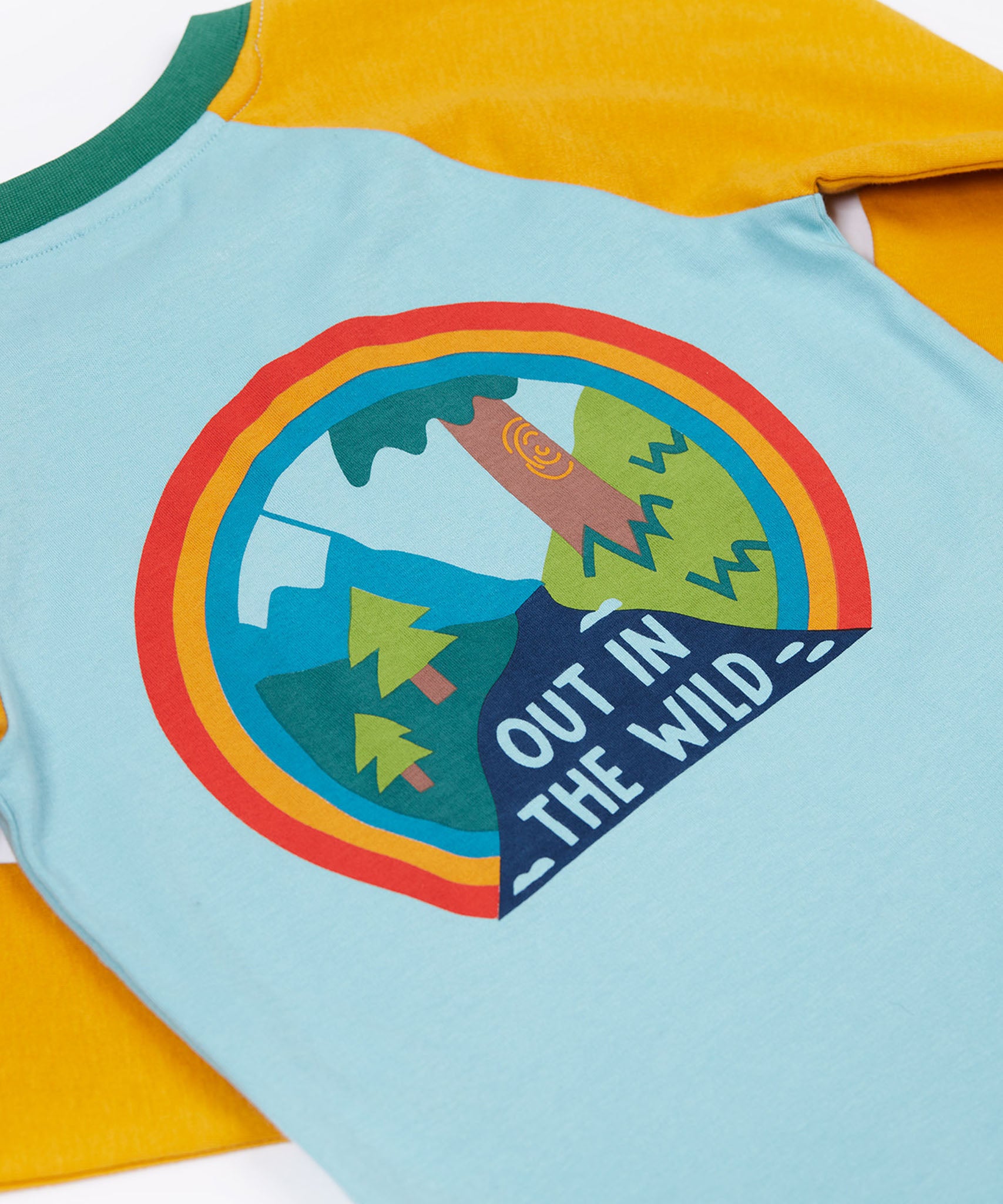 A close up of the graphic on the back of the Frugi Children's Leo raglan long sleeved top. The body of the top is light blue with yellow gold coloured sleeves and a contrasting dark green neck collar. 
