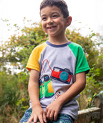 A child sitting on a wooden gate smiling wearing a Frugi raglan t-shirt in a grey marl colour with one green and one yellow sleeve and an adventure themed applique design on the front featuring a pair of green binoculars, camera and a wild card compass. 