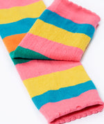 A close of of the pink coloured cuffs on the Frugi rainbow bee design organic cotton leggings footless tights.