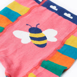 A close up of the bee on the behind of the Frugi rainbow bee design organic cotton leggings footless tights.