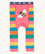 The back of the Frugi rainbow bee design organic cotton leggings footless tights. The legs are rainbow striped with a bee detail on the behind.