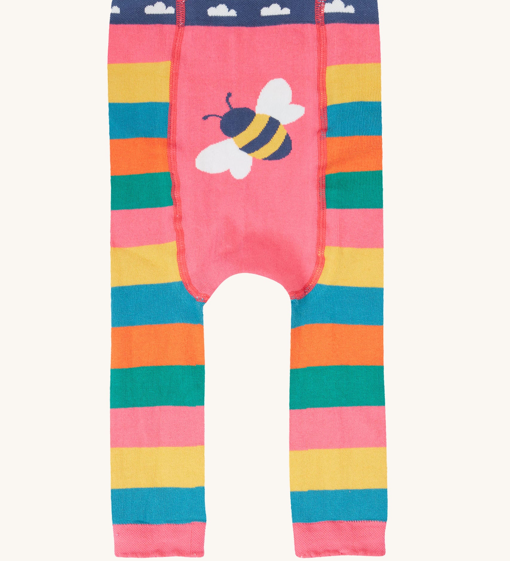 The back of the Frugi rainbow bee design organic cotton leggings footless tights. The legs are rainbow striped with a bee detail on the behind.