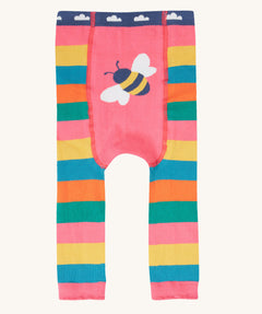 The back of the Frugi rainbow bee design organic cotton leggings footless tights. The legs are rainbow striped with a bee detail on the behind.