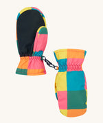 The back of the Frugi kids rainbow check snow mittens. Showing the grippy palm detail on recycled polyester fabric.