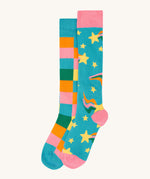 Frugi rainbow brilliant boot sock 2 pack - GOTS organic cotton high socks with bold, bright check and stars print. Features a light elasticated cuff for a snug fit