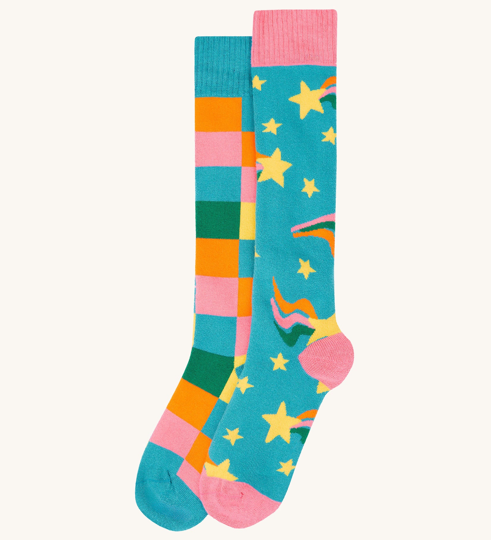 Frugi rainbow brilliant boot sock 2 pack - GOTS organic cotton high socks with bold, bright check and stars print. Features a light elasticated cuff for a snug fit
