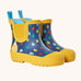 Frugi rain or shine rainbow rain design short welly boots. A navy background with rainbow coloured raindrops print, yellow soles, binding, toe caps, logo badge and elasticated gussets. 