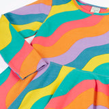 Close up of the Frugi GOTS organic cotton long sleeved sofia skater dress with a rainbow ric rac pattern.