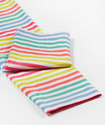 A close up of the Frugi libby leggings. Showing the multicoloured stripes leg cuff on organic cotton fabric