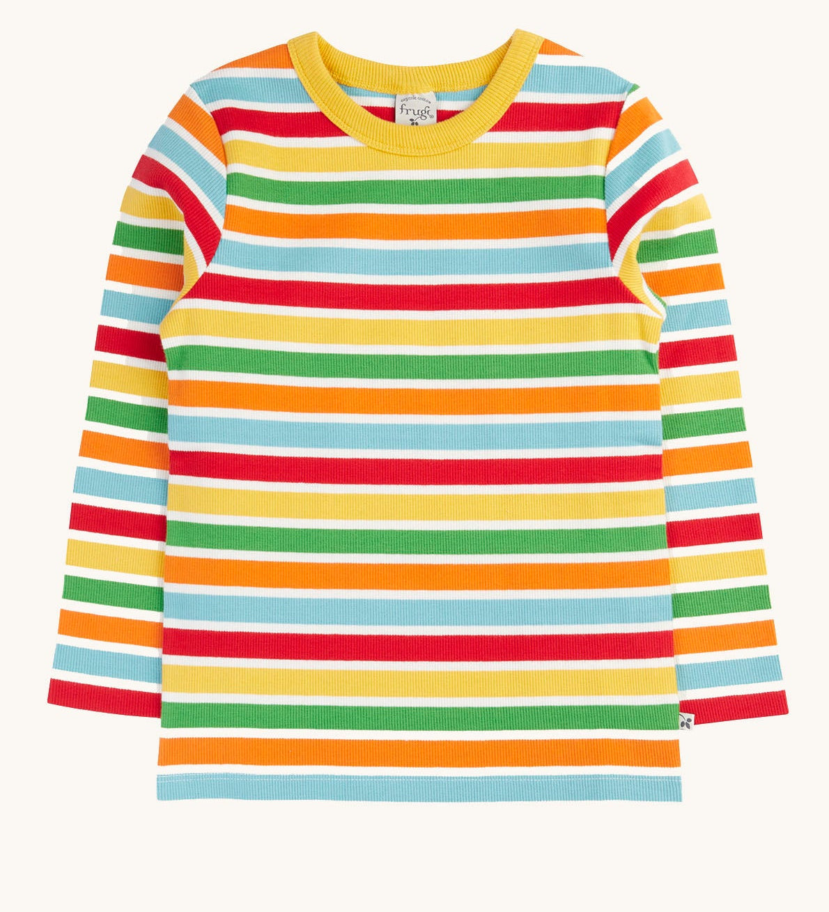 Frugi rainbow striped ribbed material organic cotton long sleeved children's top. Wide bands of red, pastel yellow, green, orange and pastel blue in between thinner white stripes. 