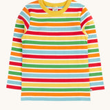 Frugi rainbow striped ribbed material organic cotton long sleeved children's top. Wide bands of red, pastel yellow, green, orange and pastel blue in between thinner white stripes. 