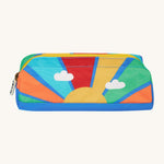 Frugi rainbow sun pencil case. A kids back to school pencil case with a rising sun design and rainbow colour block and blue trim