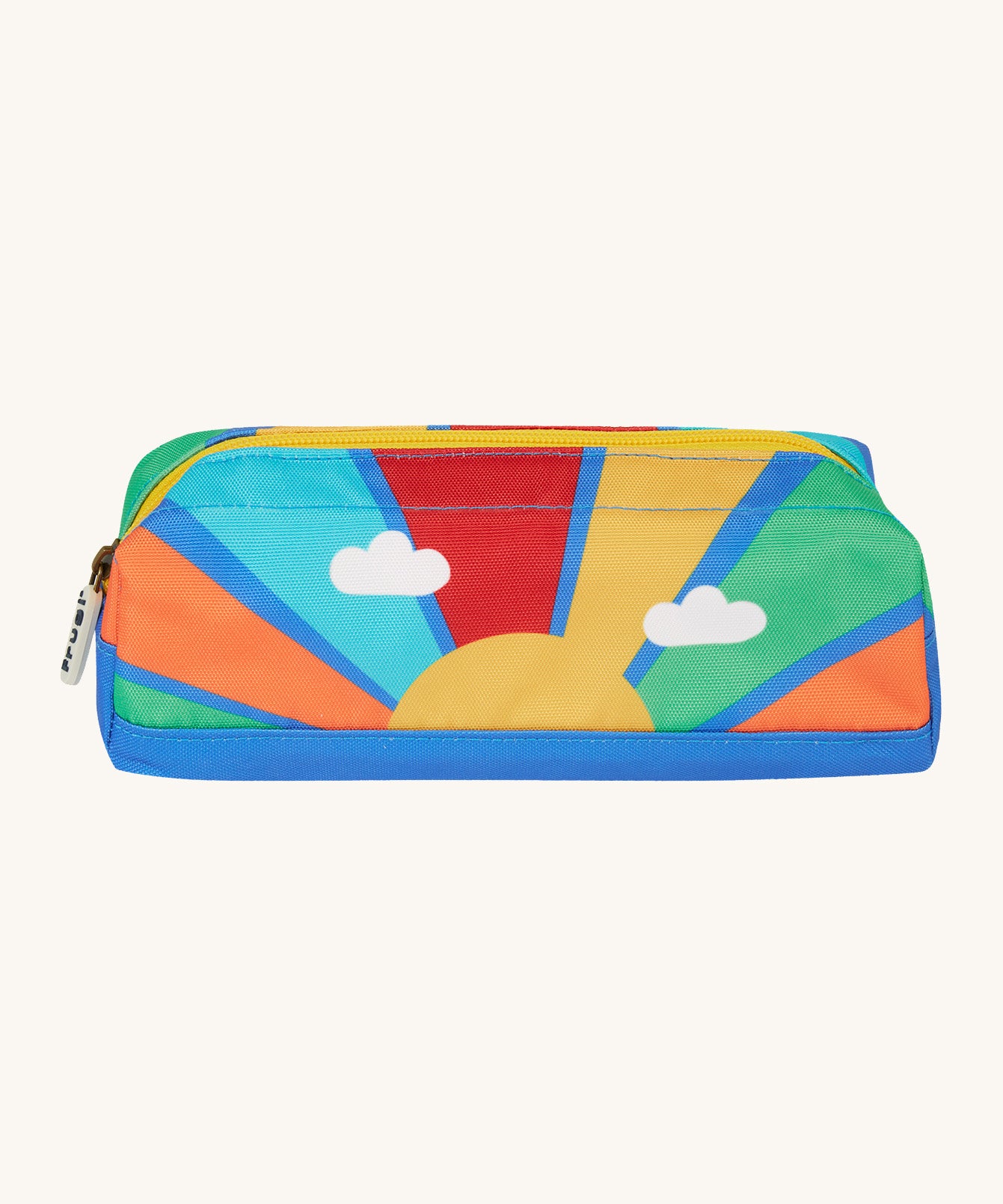 Frugi rainbow sun pencil case. A kids back to school pencil case with a rising sun design and rainbow colour block and blue trim