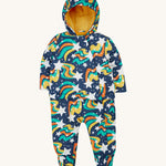 Frugi 2 in 1 rambler pram suit to coat in magic stars. A 2 in 1 outfit in a playful outer space inspired design which features a footed trouser and matching coat with a yellow fleece liner for warmth 