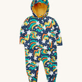 Frugi 2 in 1 rambler pram suit to coat in magic stars. A 2 in 1 outfit in a playful outer space inspired design which features a footed trouser and matching coat with a yellow fleece liner for warmth 