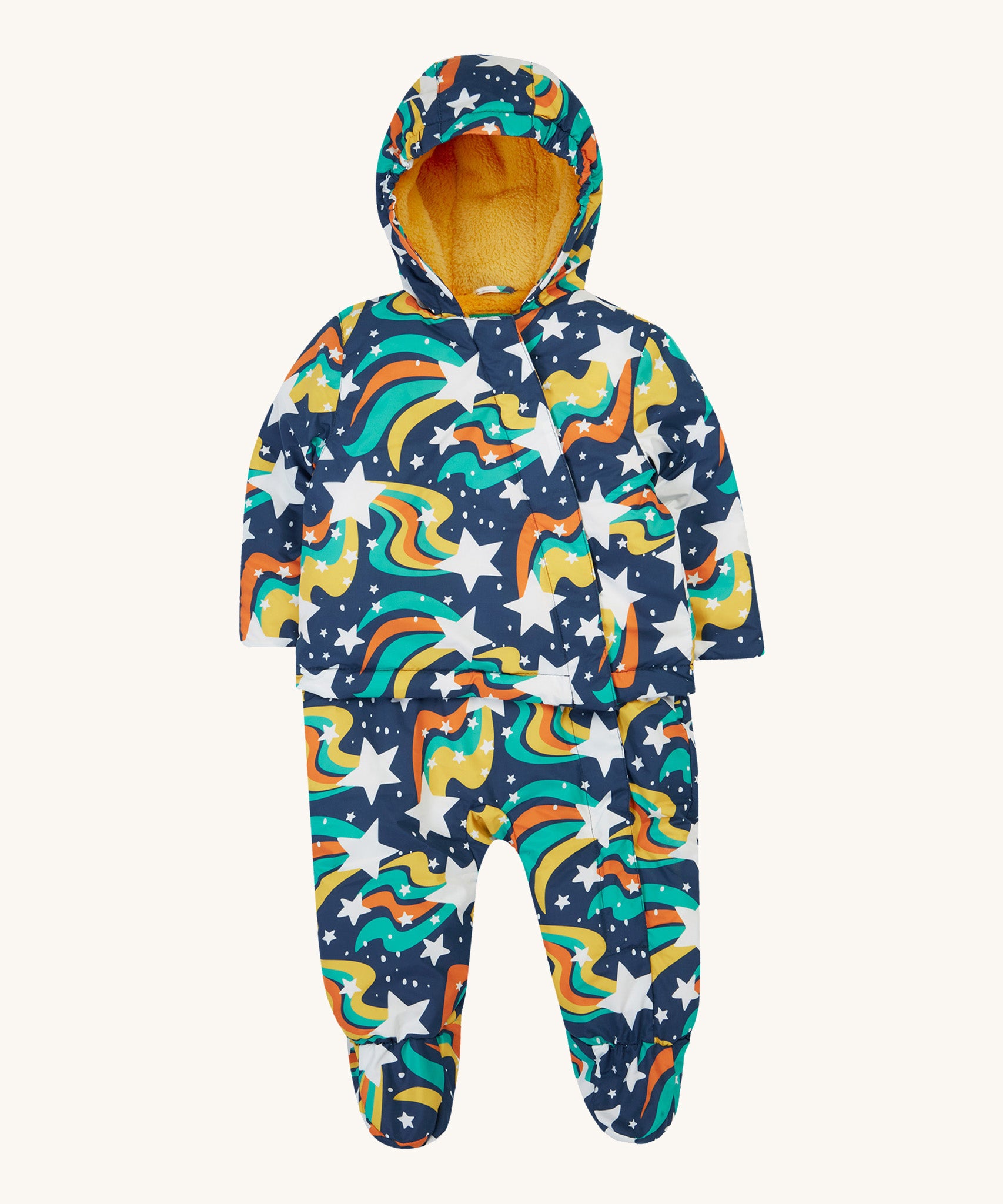 Frugi 2 in 1 rambler pram suit to coat in magic stars. A 2 in 1 outfit in a playful outer space inspired design which features a footed trouser and matching coat with a yellow fleece liner for warmth 