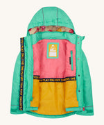 Frugi kids 3 in 1 rambler coat in dragon/mushroom. A bright turquoise  waterproof coat from post consumer recycled polyester. Features a removable hood with a fleece liner for warmth, a name tag patch on the inside and a full length zip with popper fasteners