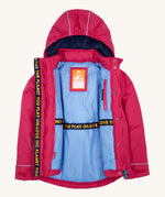 Frugi kids 3 in 1 rambler coat in snapdragon /navy colourway. A waterproof coat from post consumer recycled polyester. Features a removable hood, a full length zip with popper fasteners for a secure fit and a hidden side pocket. 