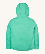 A back view of the Frugi kids  3 in 1 rambler coat in dragon/mushroom showing the thin reflective strips on the hood and bottom of the coat.