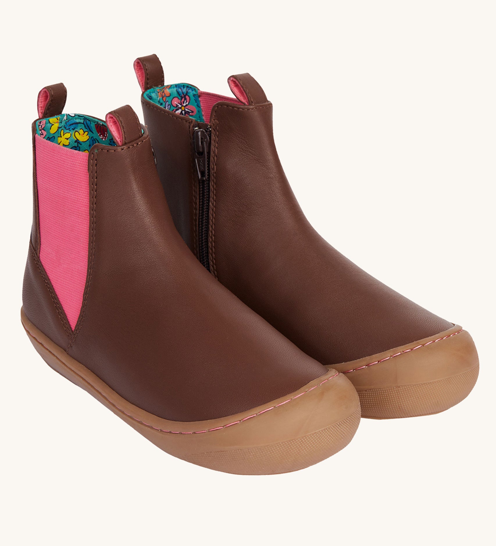 Frugi Ravine easy on children's leather boots in a brown, wild woods design.