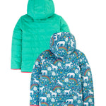 A closer look at the horse and flower print and arm sleeves on the Frugi Reversible Toasty Trail Jacket - Wild Horses