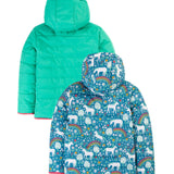 A closer look at the horse and flower print and arm sleeves on the Frugi Reversible Toasty Trail Jacket - Wild Horses