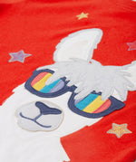 Close up of the Frugi kids red llama character t-shirt showing the white and grey llama appliqué wearing rainbow sunglasses and surrounded by different coloured embroidered stars on red organic cotton fabric