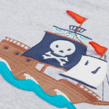 A close up of Frugi Renny Raglan T-Shirt in Grey Marl, featuring an embroidered pirate ship design in the centre.